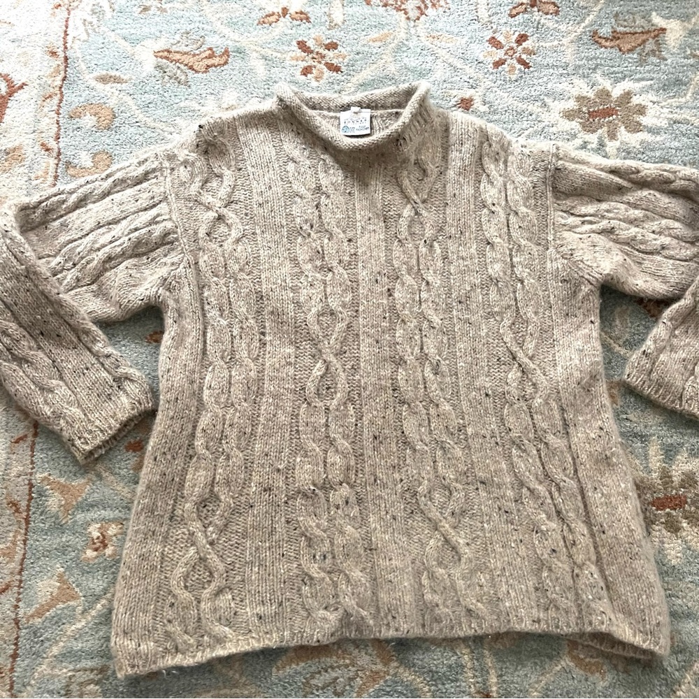 Bonner Of Ireland Wool Fisherman Knit Heather Taupe Sweater Size Large Aran VTG